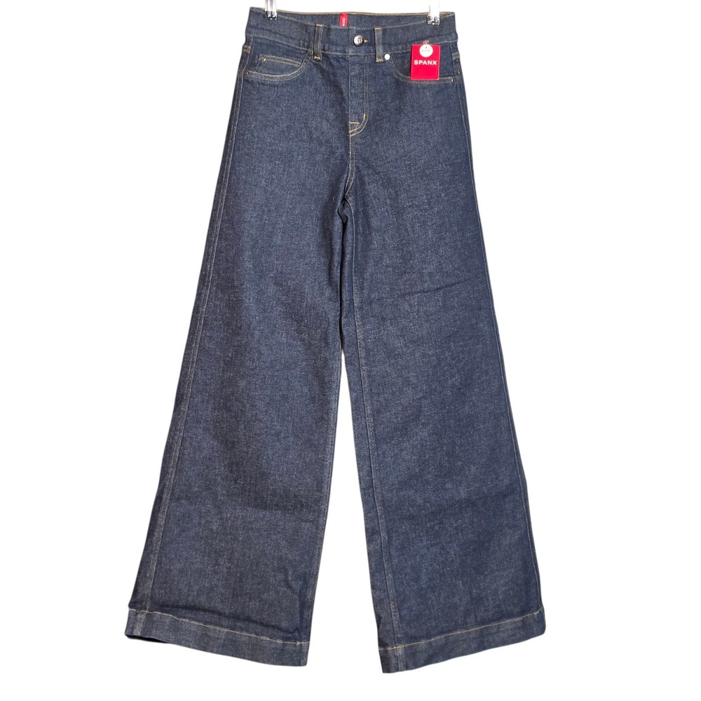 NEW Spanx Women S Petite Wide Leg Jeans Raw Indigo Dark Wash Tummy Control